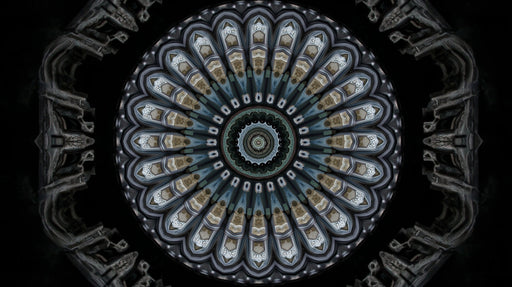A dark, moody kaleidoscope pattern resembling gothic cathedral arches in shades of charcoal, gray, and stone.