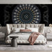 A luxurious bedroom or study space featuring the symmetrical gothic wallpaper mural.