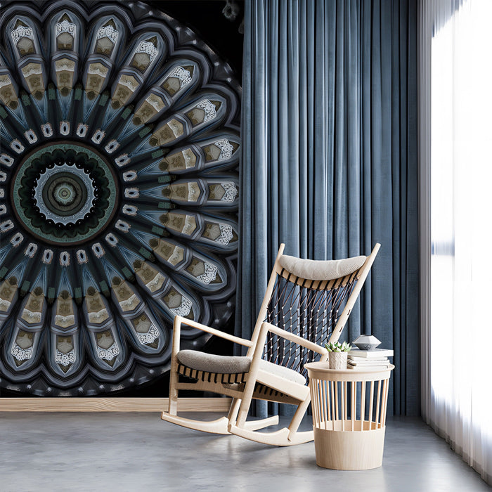 A minimalist study featuring a dramatic symmetrical mural behind a sleek dark sofa.