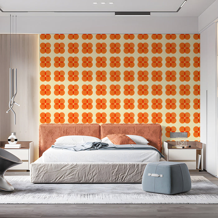 Bright bedroom with mid-century style orange clover patterned wall