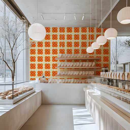 Modern shop featuring vibrant orange clover geometric wallpaper