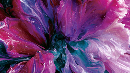 Vibrant fluid art wallpaper with swirls of magenta, deep teal, and stardust white paint