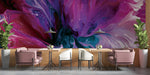 Fluid art mural installed in a modern living room with velvet furniture