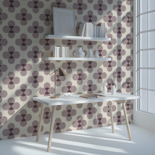 Geometric floral wallpaper installed on the main wall of a cozy modern study