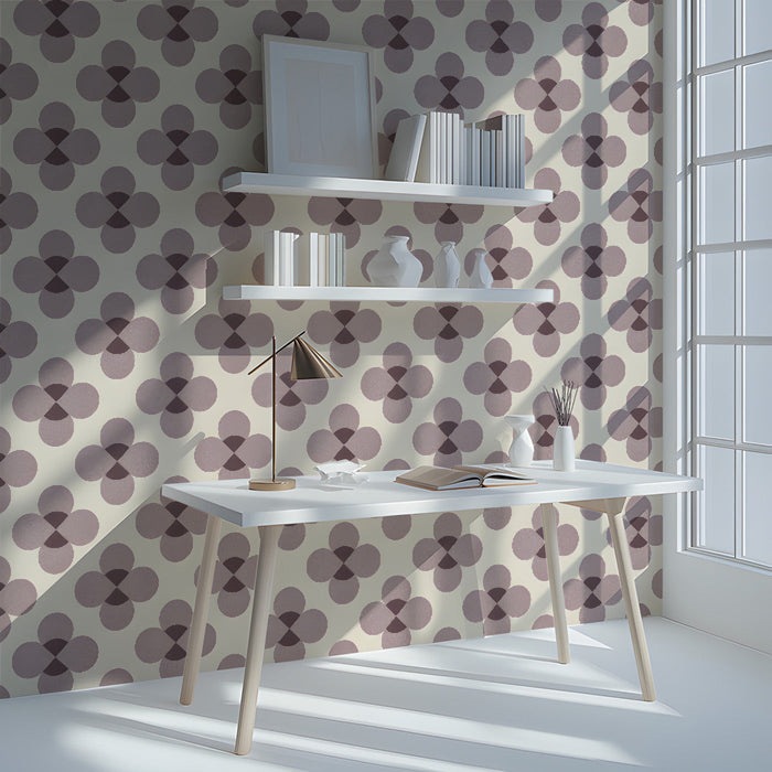 Geometric floral wallpaper installed on the main wall of a cozy modern study