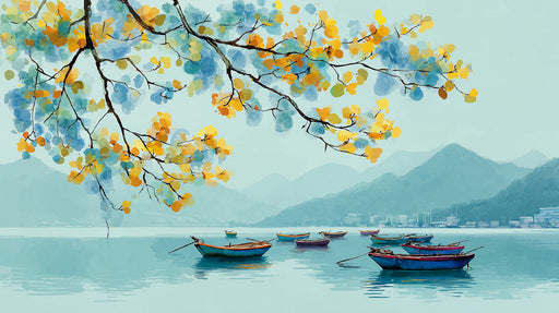 Watercolor landscape mural of boats on a lake with overhanging golden leaves