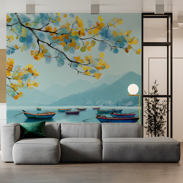 Serene bedroom retreat featuring a watercolor lake landscape mural