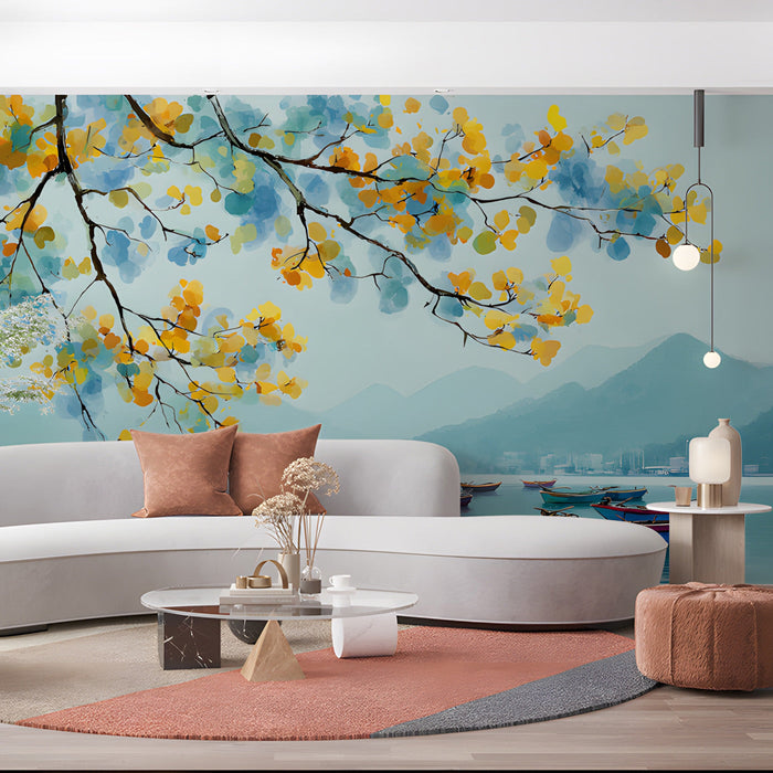 Living room wall mural featuring a calm lake scene and painterly boats