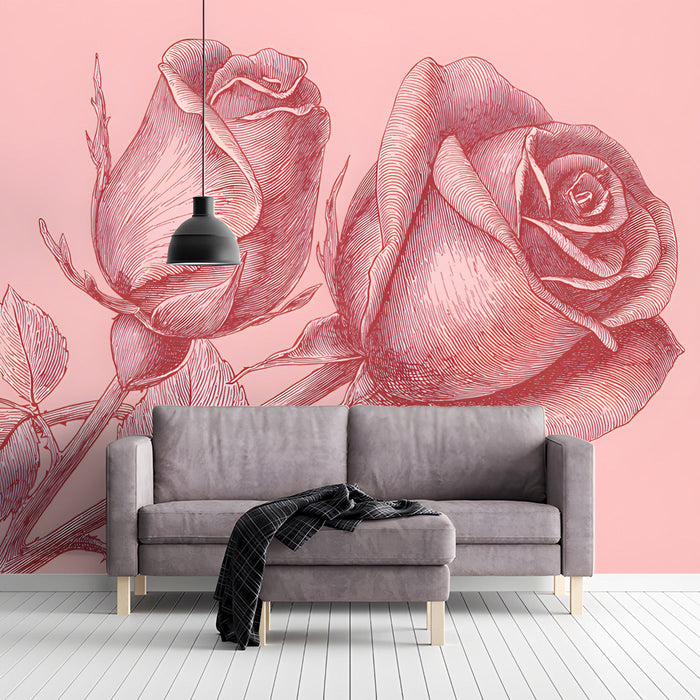 A feminine powder room decorated with a soft, etched botanical rose mural wallpaper.