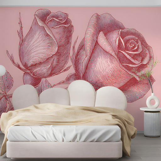 A romantic bedroom featuring a delicate rose line art mural behind a upholstered headboard.