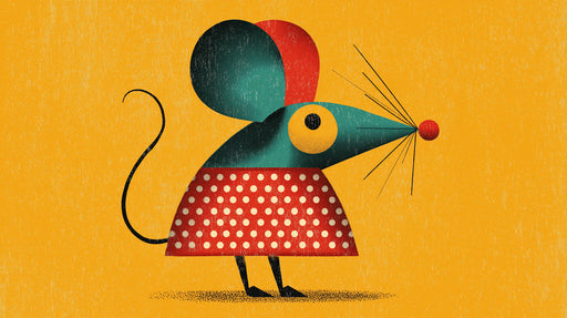 Stylized mouse illustration with teal head and red polka dot dress on a mustard yellow grainy background