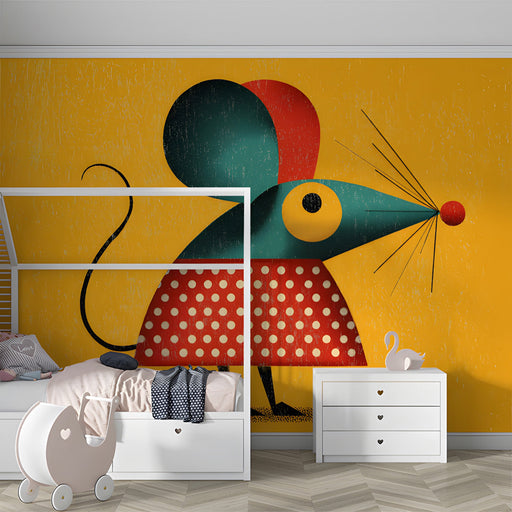Whimsical mouse mural installed in a colorful kid's bedroom with wooden toys