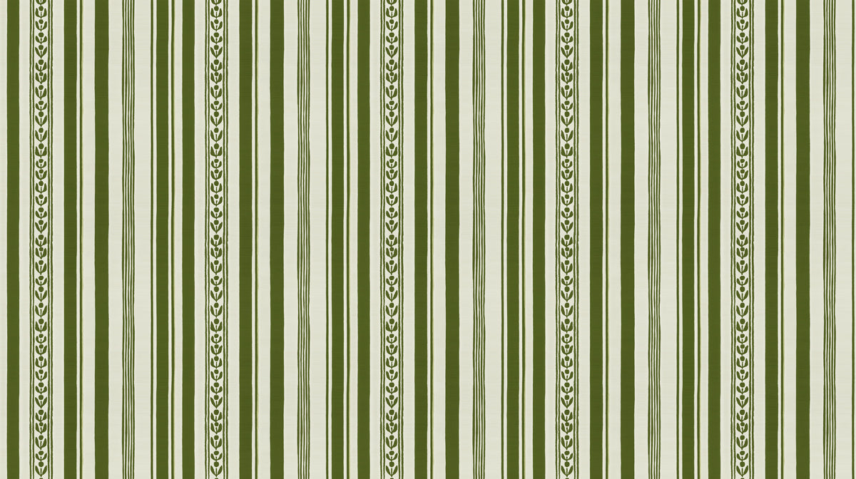 Vertical stripes in olive green and cream with hand-drawn leaf vine accents in a traditional textile style
