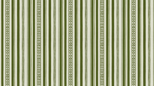 Vertical stripes in olive green and cream with hand-drawn leaf vine accents in a traditional textile style