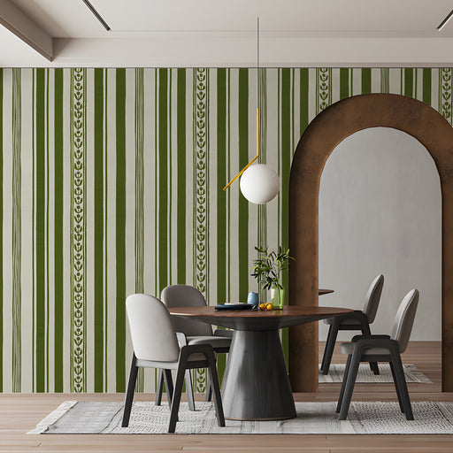 Sophisticated green and cream vertical stripe wall mural in a classic dining room setting