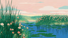 An impressionistic mural featuring a marsh with green reeds, blue water, lily pads, and a soft peach sunset sky.