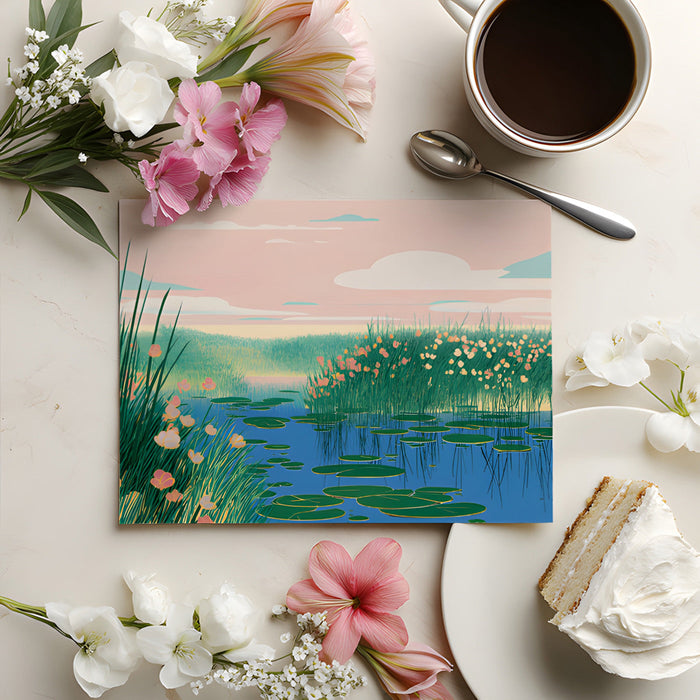 This marsh mural featured in a bright dining room with wooden furniture and minimalist decor.