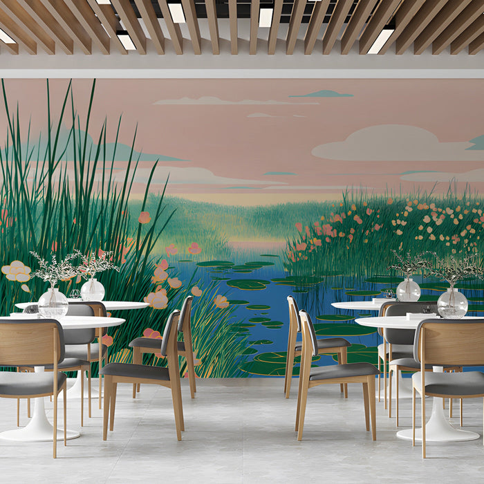 A serene bar wall covered in a painterly wetland mural with soft pastel sunset tones.