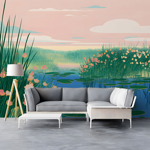 The sunset marsh mural installed on a large living room wall behind a low profile beige sofa.