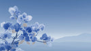 Delicate white and blue line art leaves on a soft gradient blue sky background