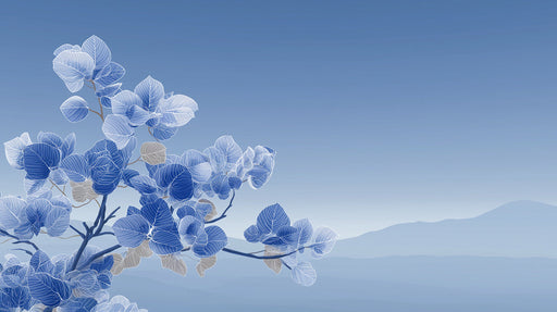 Delicate white and blue line art leaves on a soft gradient blue sky background