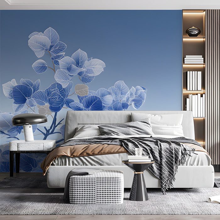 Modern bedroom featuring serene blue leaf wall mural and white desk