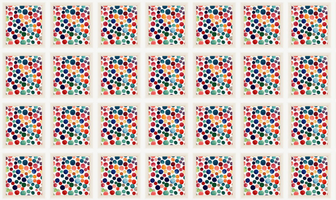Watercolor mural wallpaper featuring scattered hand-painted multicolored dots on white background