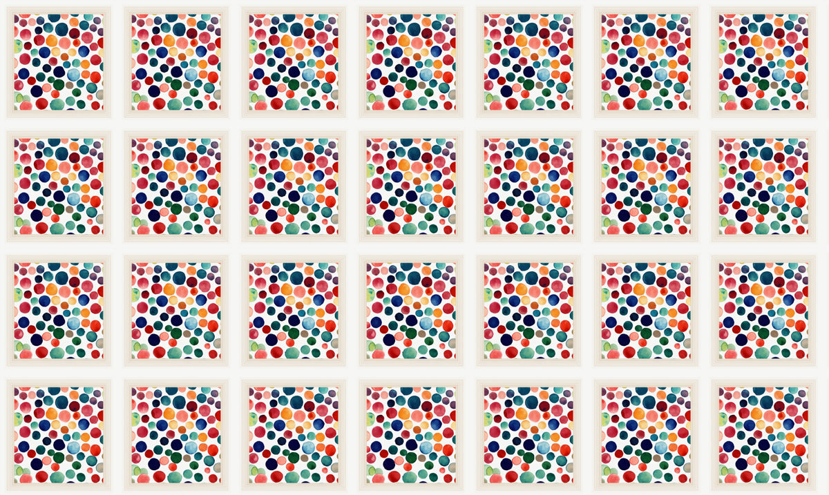 Watercolor mural wallpaper featuring scattered hand-painted multicolored dots on white background