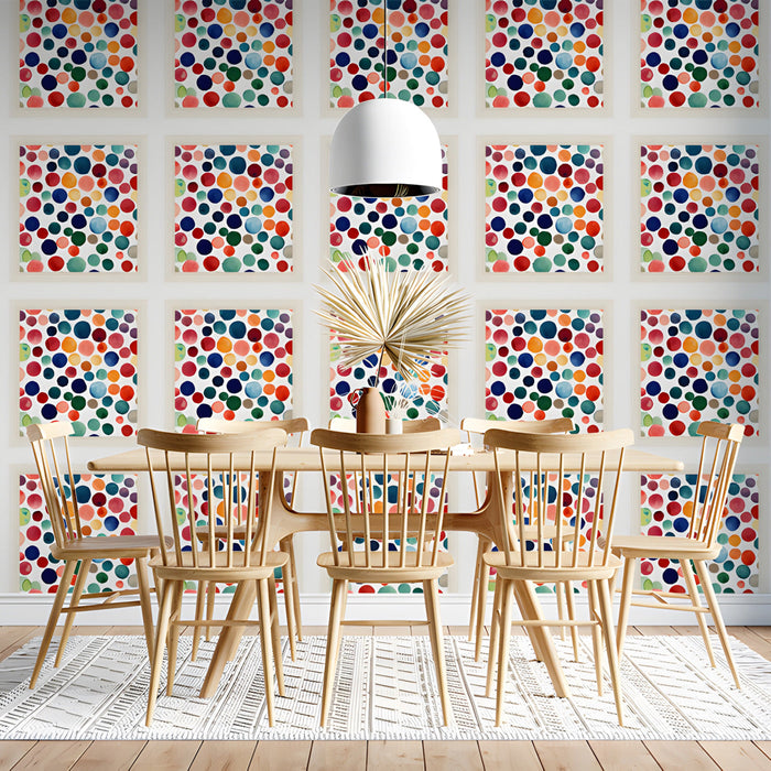 Creative dining room interior decorated with vibrant circular watercolor art wallpaper