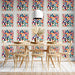 Creative dining room interior decorated with vibrant circular watercolor art wallpaper