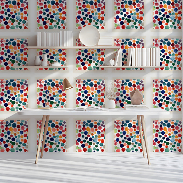 Modern study with colorful watercolor dot wallpaper on the main feature wall