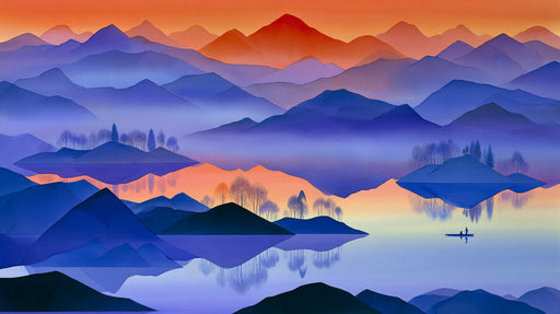 Digital painting of a calm mountain lake at sunset with violet peaks, orange skies, and a small boat on reflective water.