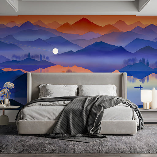 Bedroom interior with a serene mountain landscape mural behind a minimalist beige sofa and wooden coffee table.