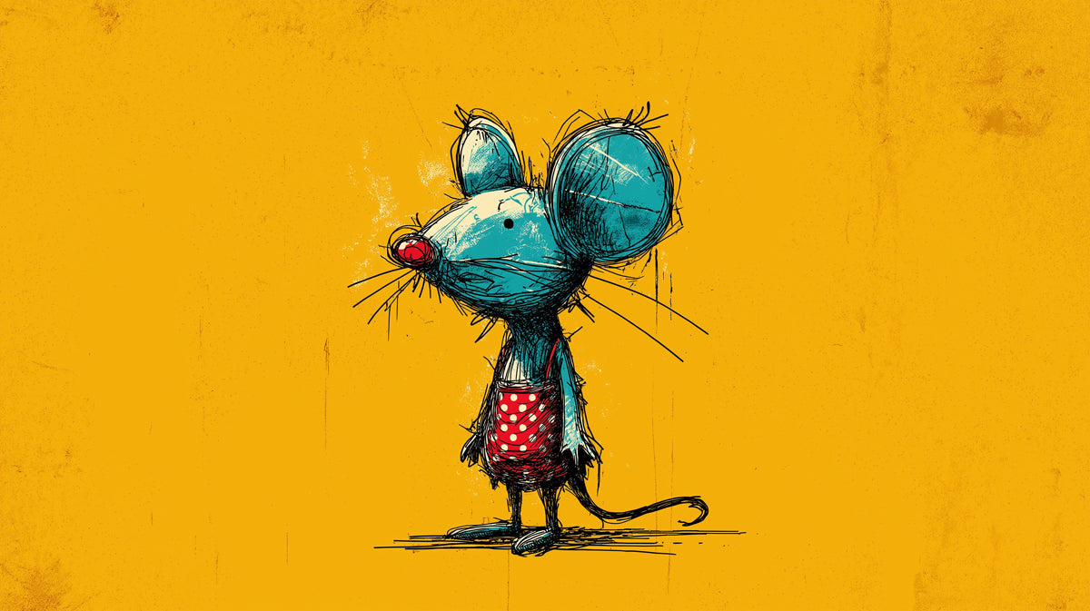 Whimsical sketch of a blue mouse in a polka dot apron against a solid ochre yellow background