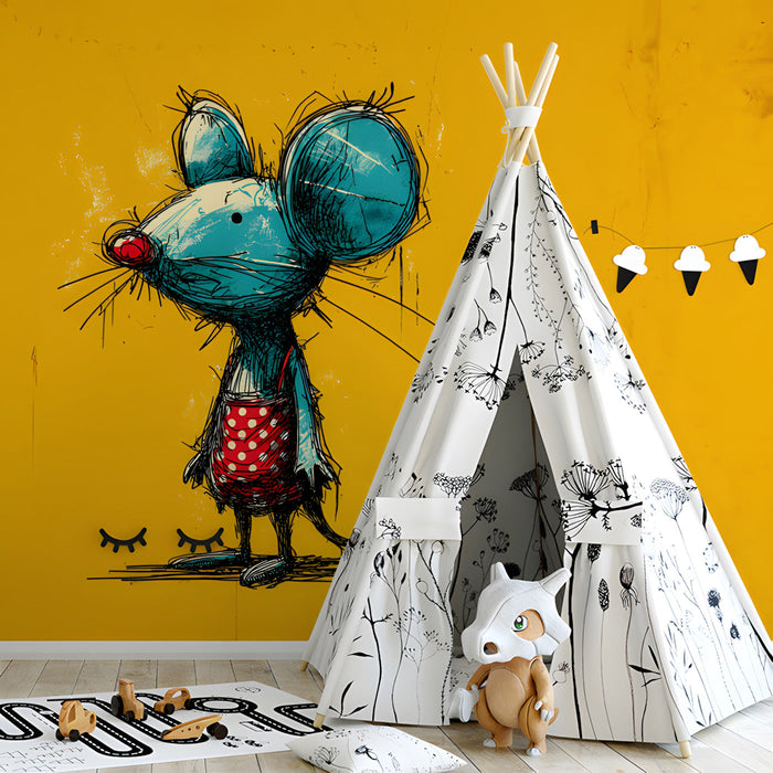 Whimsical illustration wallpaper acting as a focal point in a modern playroom