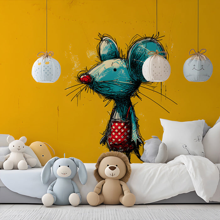 Playful mouse mural installed on the wall of a colorful children's bedroom