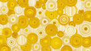 Abstract pattern of overlapping yellow and white concentric circles with vertical line textures
