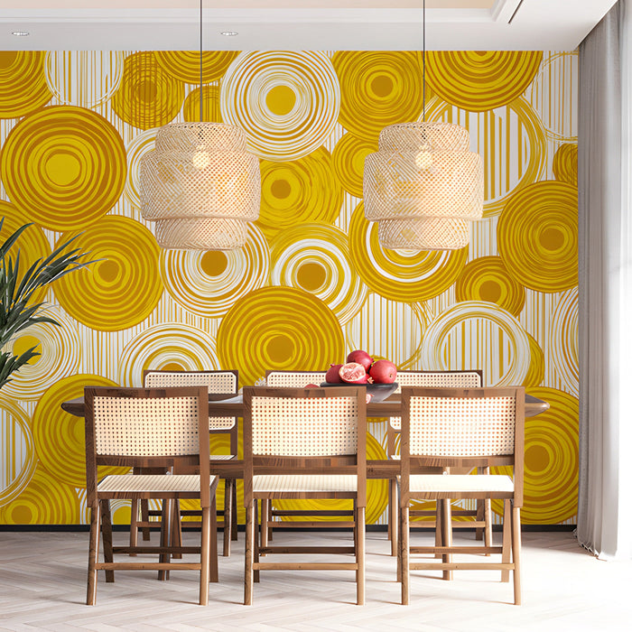 Contemporary dining room with a sun-inspired yellow circle mural behind a sofa