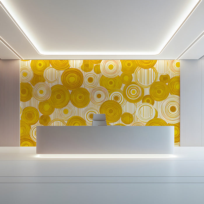 Modern home office with bright yellow circular mural on the main accent wall