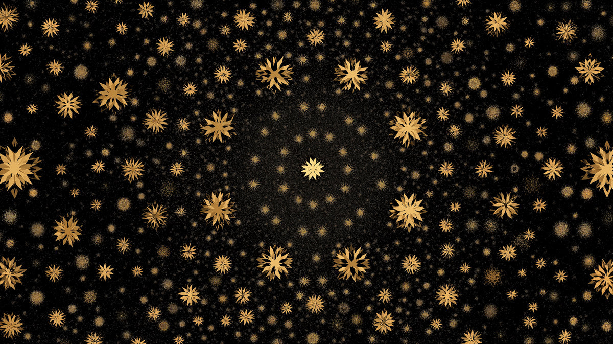 Abstract wallpaper pattern featuring golden star-like motifs scattered across a deep midnight black background.