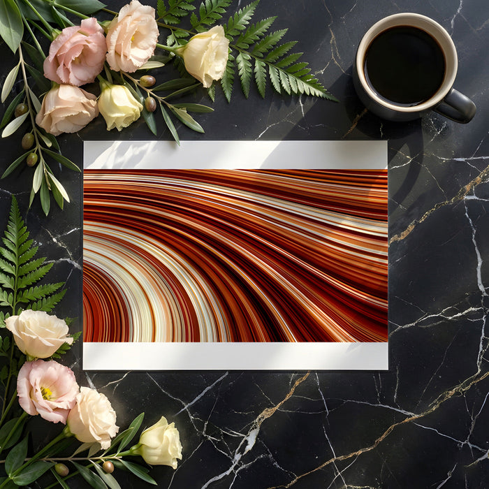 Warm-toned entryway hallway wall covered in abstract flowing line art wallpaper.