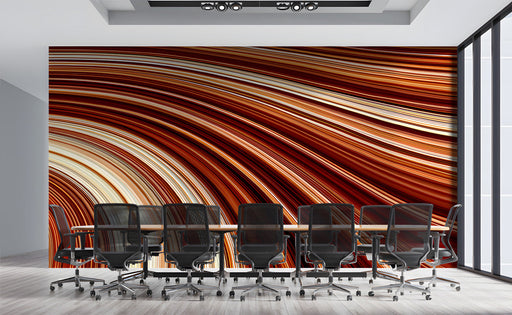 Modern meeting room featuring the sienna swirl mural behind a neutral sofa and minimalist coffee table.