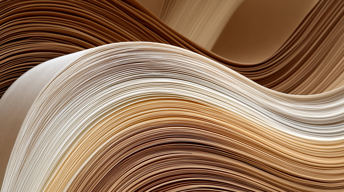Abstract wallpaper pattern with sweeping waves in shades of cream, latte, and deep mocha brown.