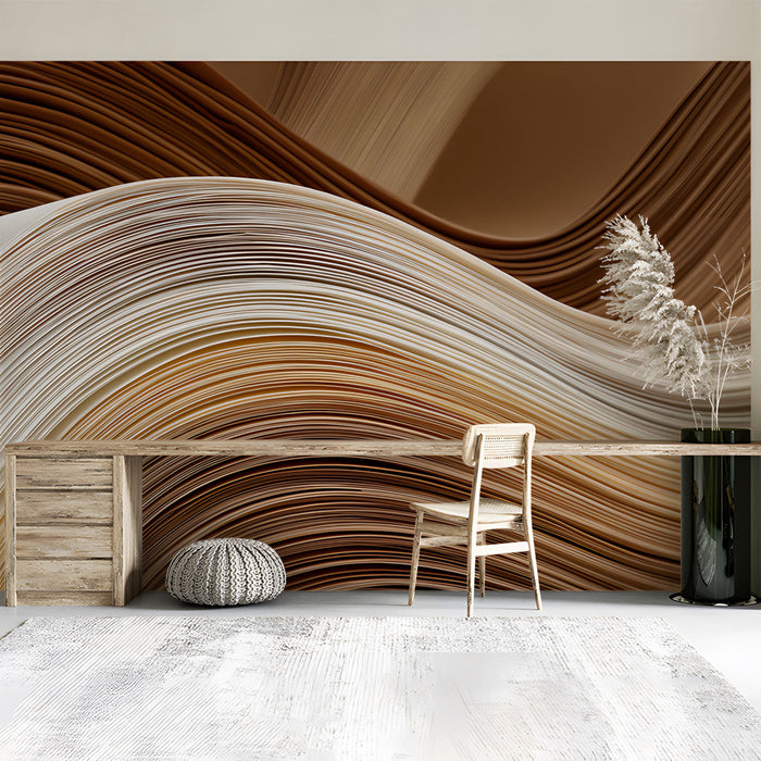 A modern home office setup with the elegant cream and brown wave mural as a focal point.