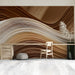 A modern home office setup with the elegant cream and brown wave mural as a focal point.