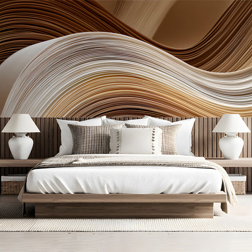 A minimalist bedroom featuring the flowing neutral wave mural on a main accent wall.
