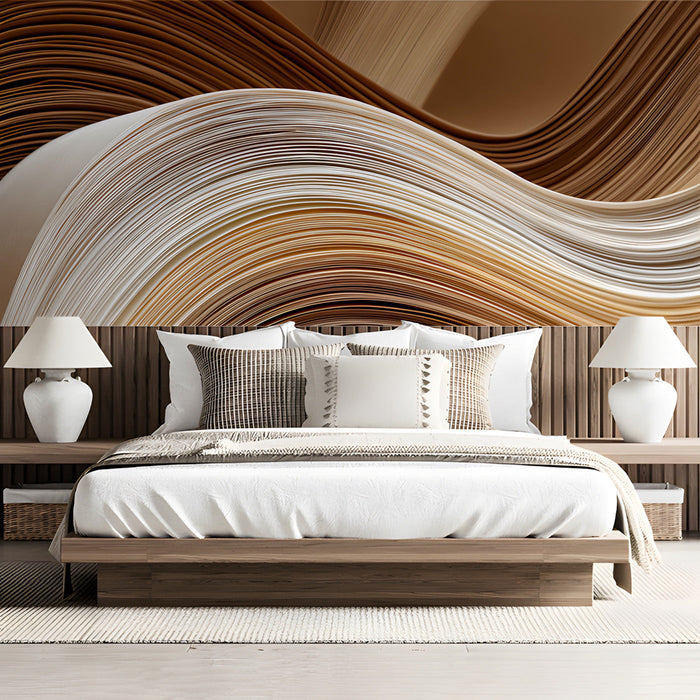 A minimalist bedroom featuring the flowing neutral wave mural on a main accent wall.