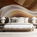 A minimalist bedroom featuring the flowing neutral wave mural on a main accent wall.