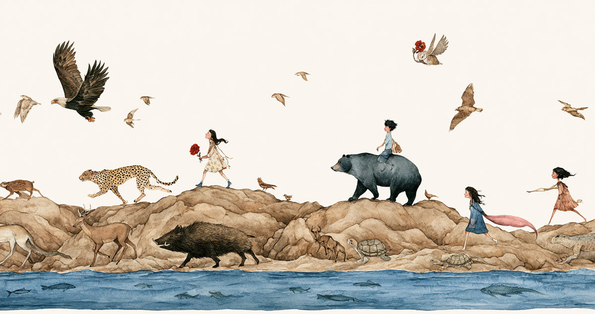 Whimsical illustration of children walking with wild animals like bears and cheetahs on rocky terrain by a blue river.
