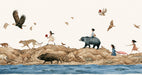 Whimsical illustration of children walking with wild animals like bears and cheetahs on rocky terrain by a blue river.